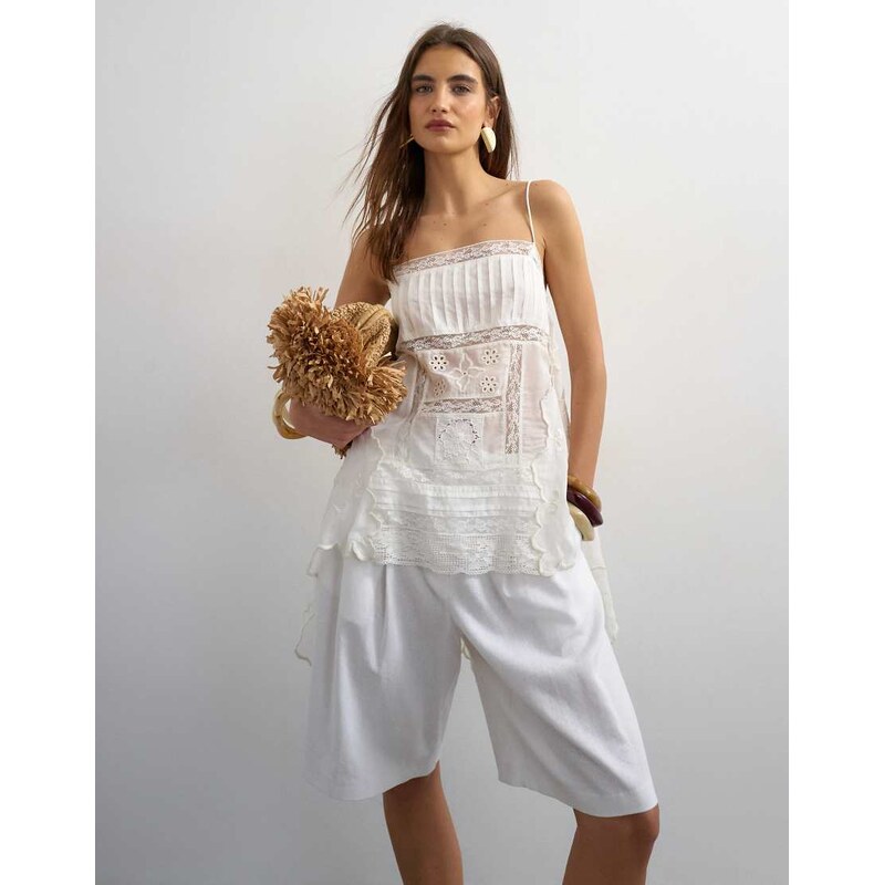 Topshop lace panel cami with embroidery detail in white