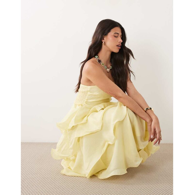 Vila bandeau structured tiered maxi dress in pastel yellow