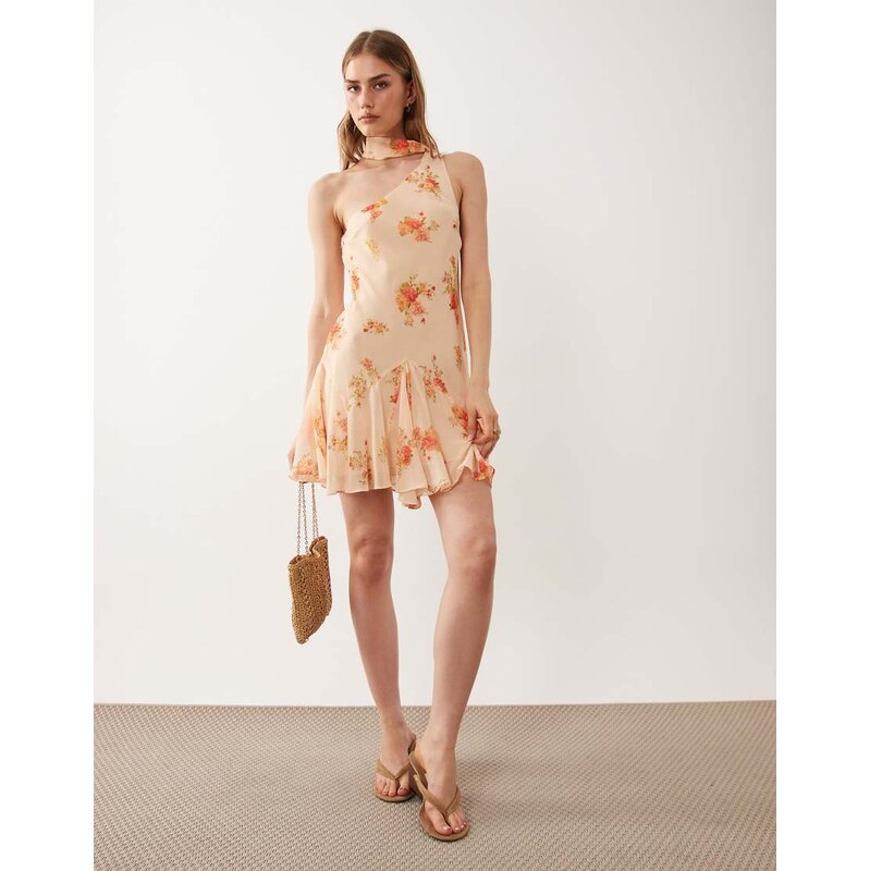 ASOS DESIGN on shoulder mini dress with scarf in orange floral