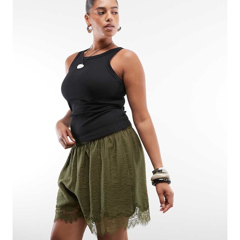 ASOS Curve ASOS DESIGN Curve satin lace trim short in khaki -