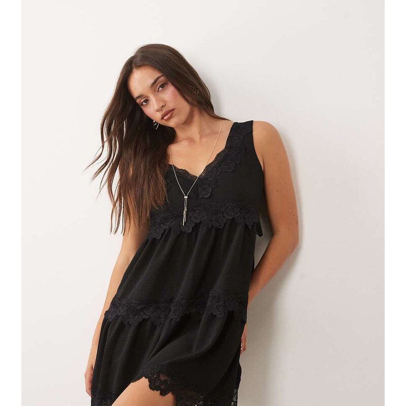 Fashionkilla exclusive crepe lace trim cami babydoll mini dress