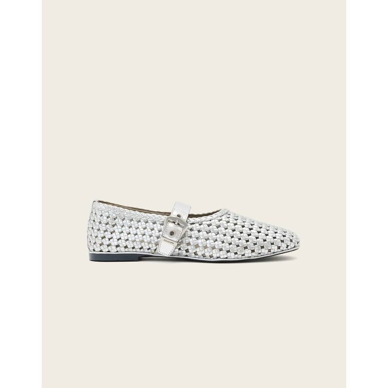 AllSaints Sabine leather woven ballet flats with gold buckle