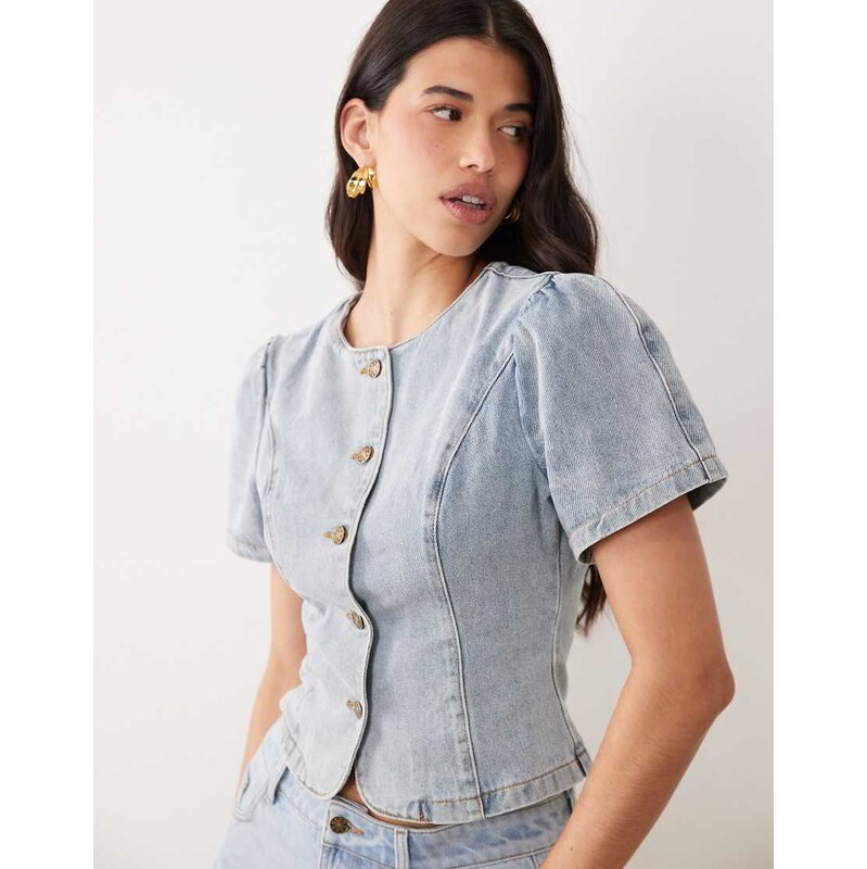 Lioness Femme cotton rich puff sleeve button up blouse in light