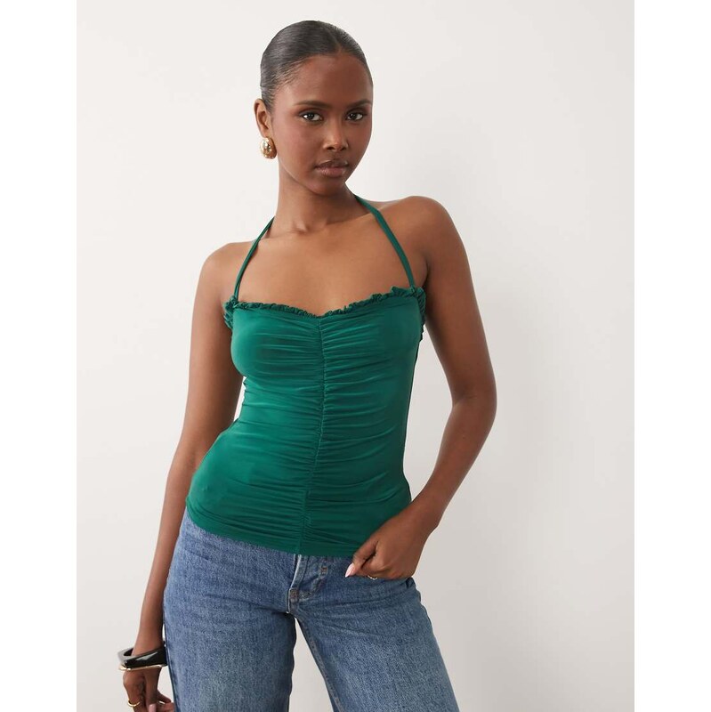 ASOS DESIGN ruched halter neck cami top in teal-Green