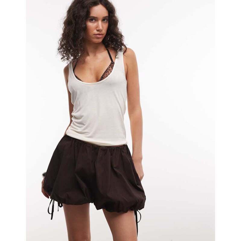 ASOS DESIGN bubble hem mini shorts with tie detail in chocolate