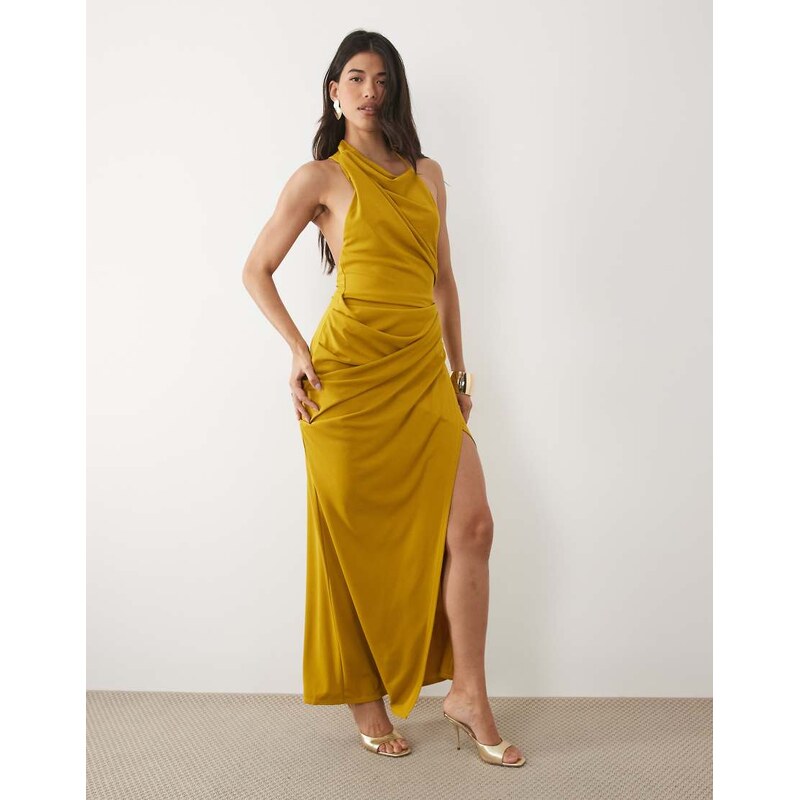 ASOS DESIGN ruched waist high neck maxi dress with open back in