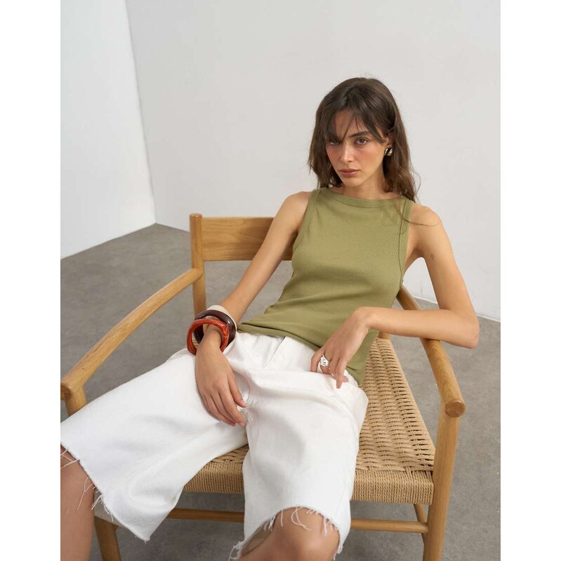 Topshop slash neck racer vest in khaki-Green