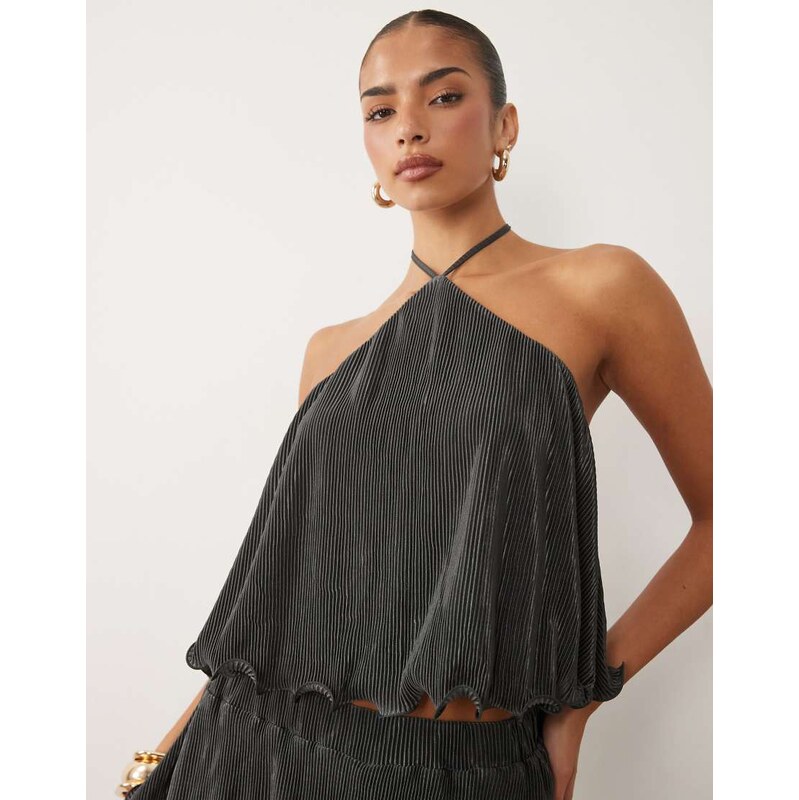 ASOS DESIGN plisse halter neck top in charcoal-Grey