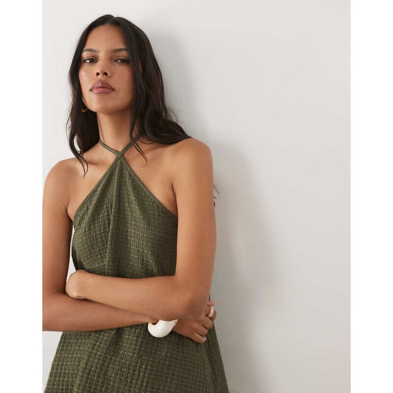 ASOS DESIGN co-ord textured halter neck top in khaki-Green