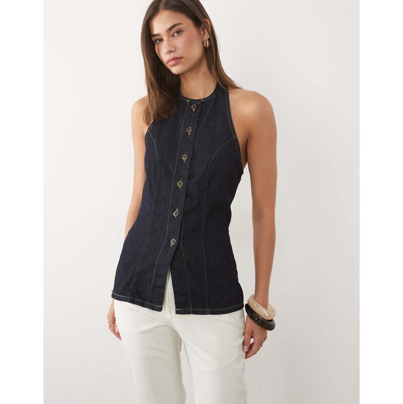 ASOS DESIGN halter denim top in midwash blue co-ord