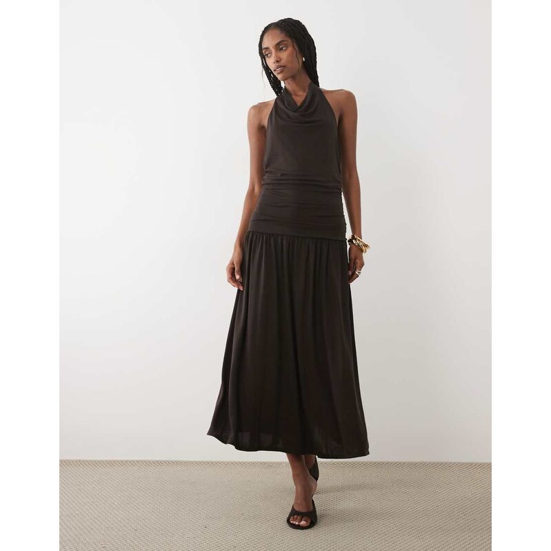 Mango cowl neck halterneck drop waist maxi dress in brown