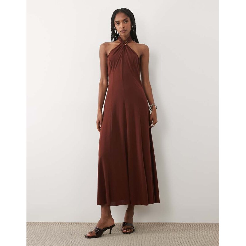 Mango halterneck maxi dress in brown-Orange