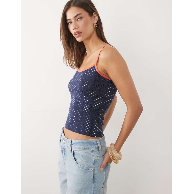 ASOS DESIGN contrast red binding polka dot cami vest in navy