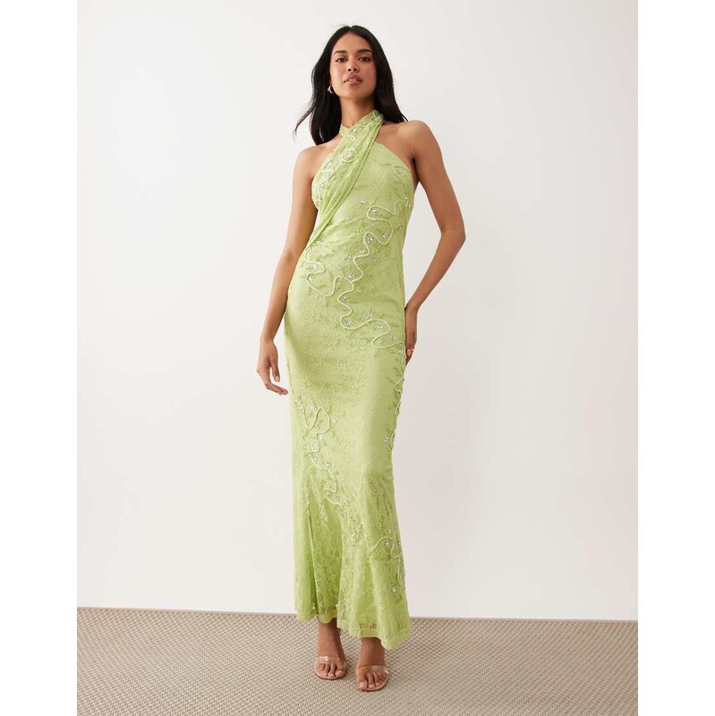 ASOS DESIGN lace halter neck maxi dress with embroidered detail