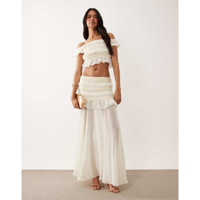 TFNC shirred chiffon ruffle sheer maxi skirt co-ord in cream