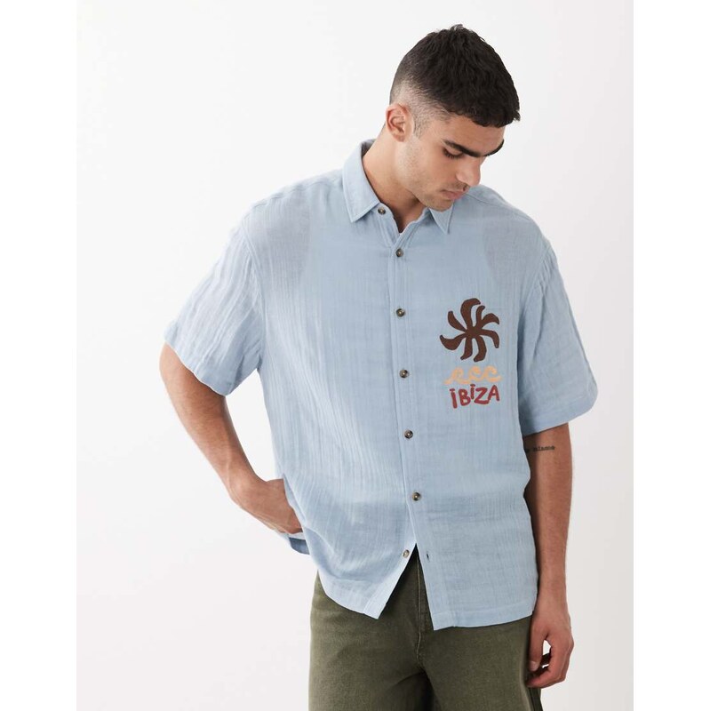 ASOS DESIGN oversized double cloth shirt with chest embroidery
