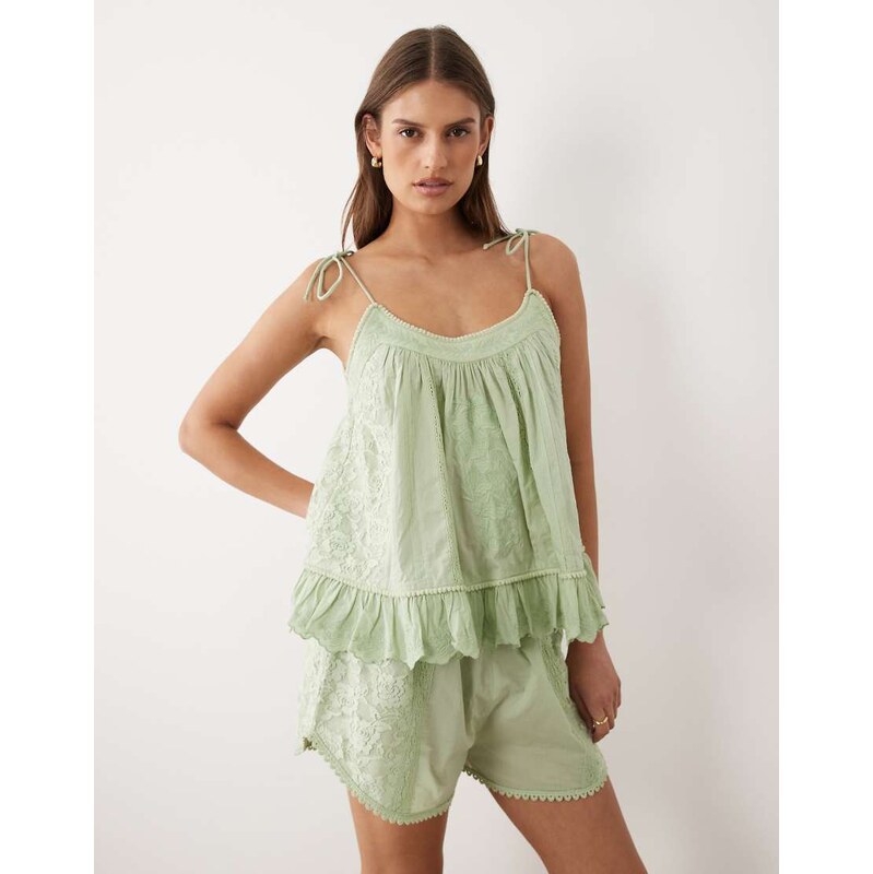 Miss Selfridge embroidered cami top in sage-Green