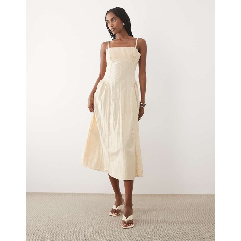 Mango cotton rich structured strappy midi dress in cream-Neutral