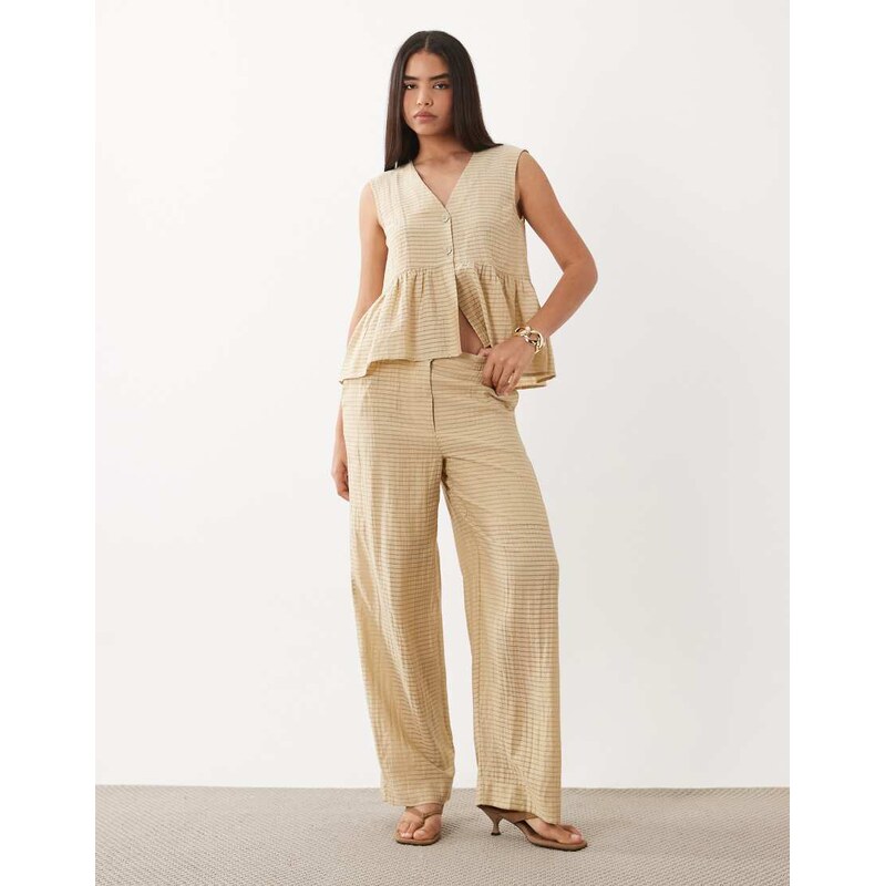 YAS textured check wide leg trousers co-ord in beige-Neutral