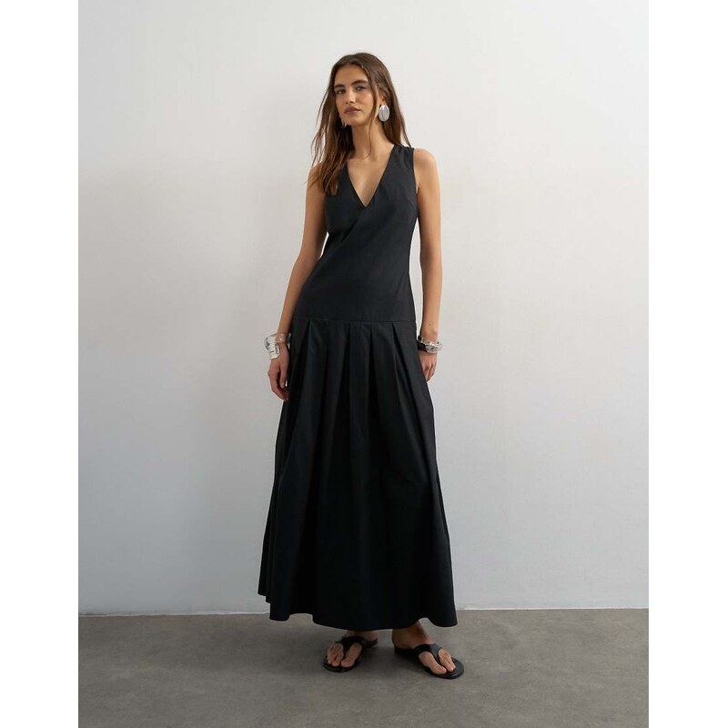 Topshop poplin structured dropped waist maxi dress in black