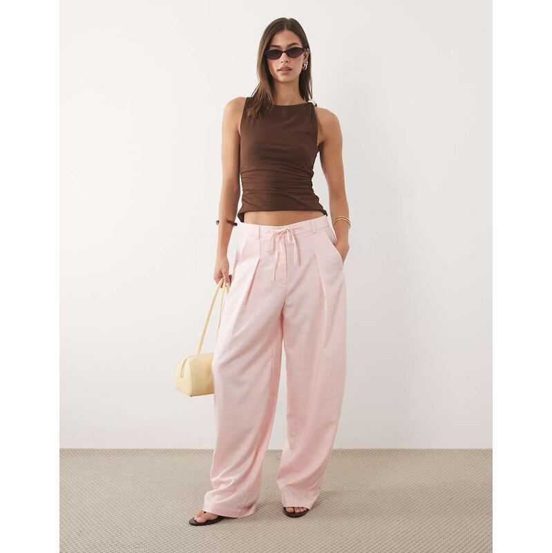 ASOS DESIGN linen blend drawstring waist barrel trouser in pink