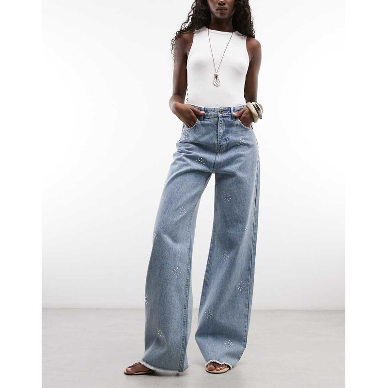 Courtside baggy wide leg embellished jeans with raw hem in light