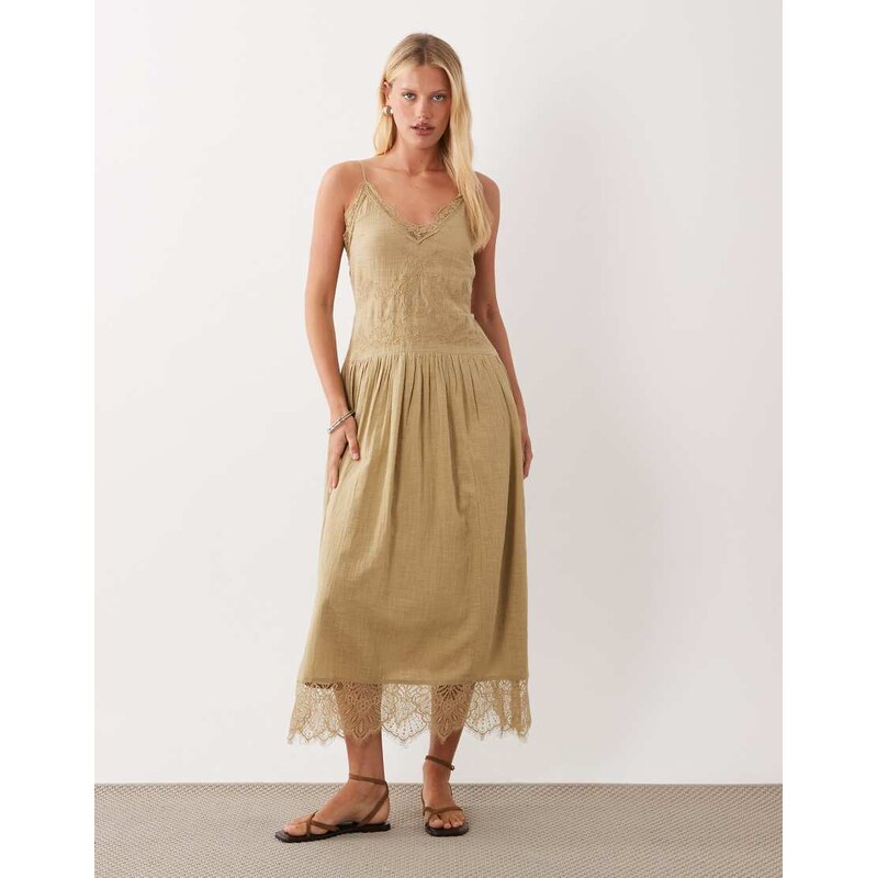 ASOS DESIGN cami maxi dress with lace inserts and tie straps in
