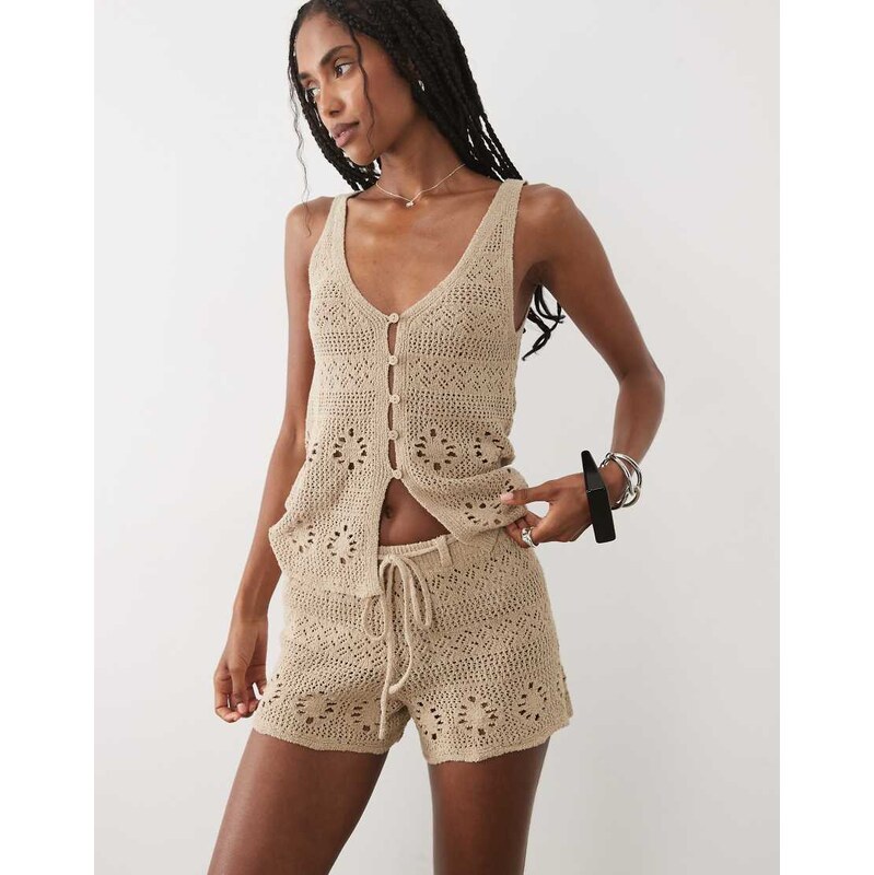 Mango Casito knitted short co-ord in beige-Neutral
