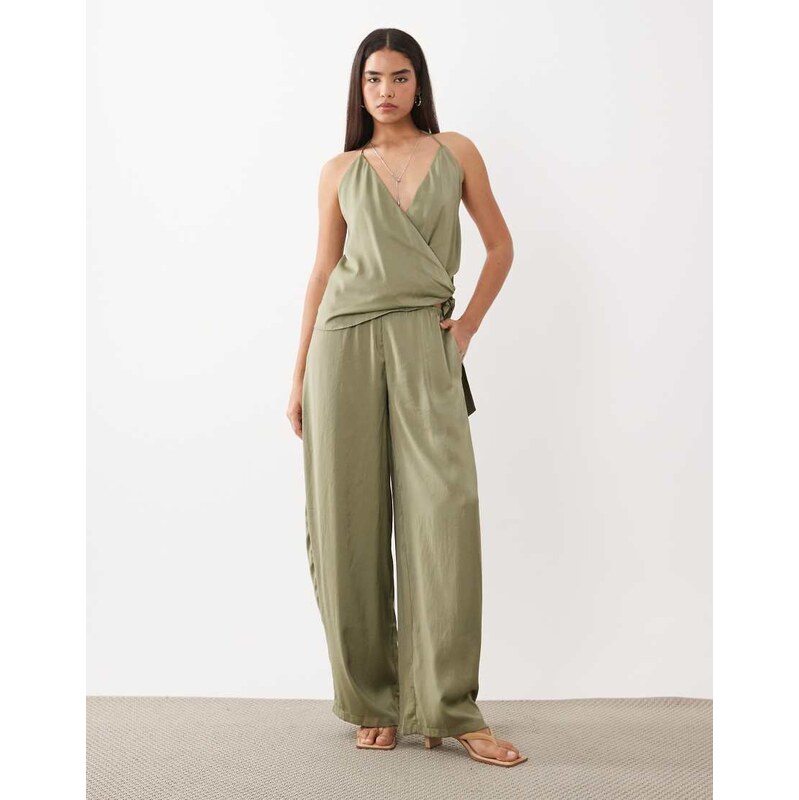 SNDYS satin balloon leg trousers co-ord in olive-Green