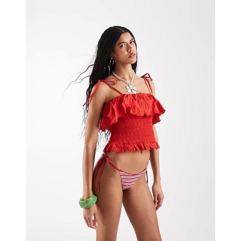 Reclaimed Vintage bandeau top with shirring and embroidery
