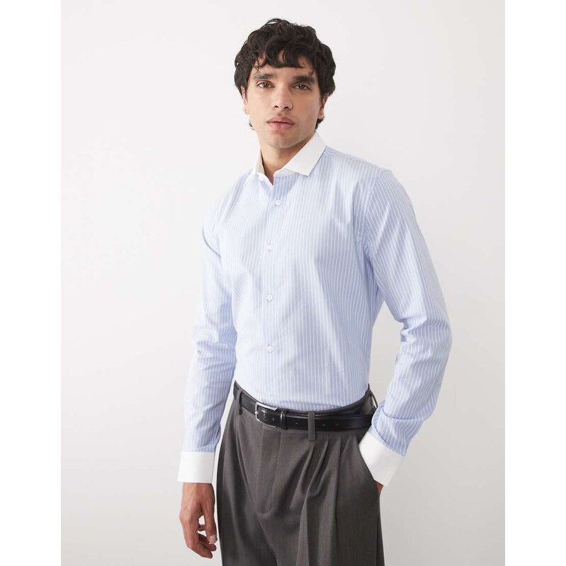 ASOS DESIGN easy iron slim poplin stripe shirt with contrast