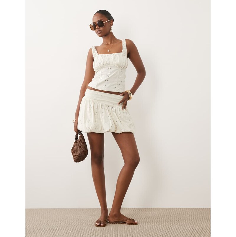 ASOS DESIGN co-ord broderie puffball mini skirt in cream-White