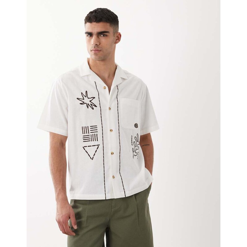 ASOS DESIGN relaxed shirt with linen and floral embroidery in