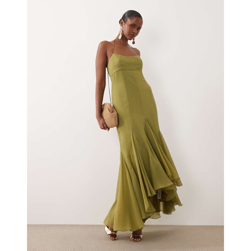 ASOS DESIGN maxi dress with high-low volume hem in olive-Green