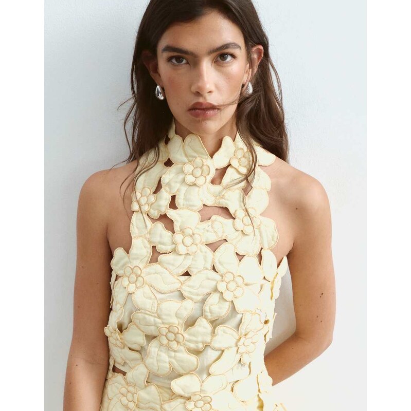 ARRANGE floral embroidered linen cutwork halterneck top co-ord