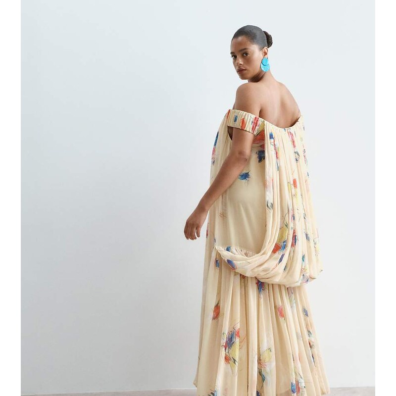 ARRANGE Curve trapeze bardot maxi dress with cape back in yellow
