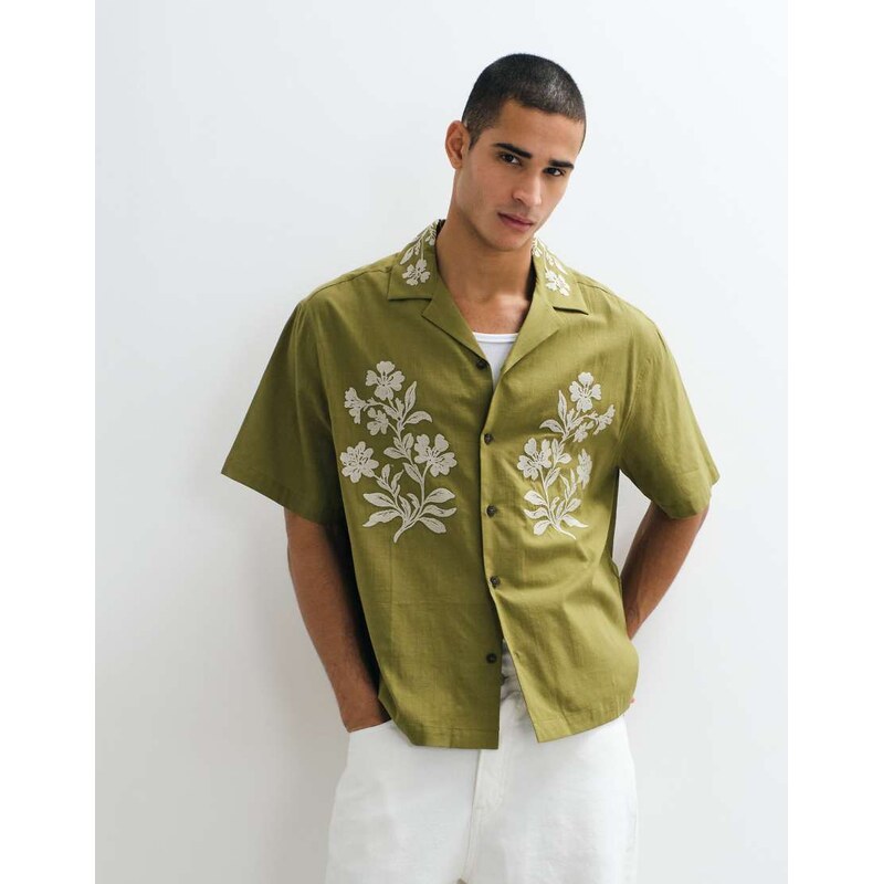 ASOS DESIGN oversized shirt with floral embroidery in khaki