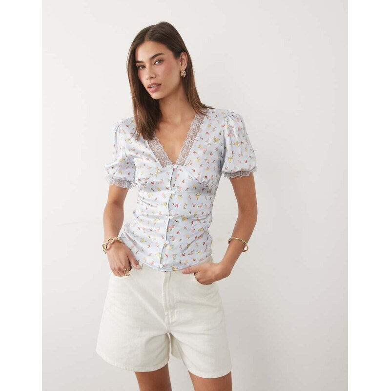 Miss Selfridge satin lace trim tea top in blue floral-Multi