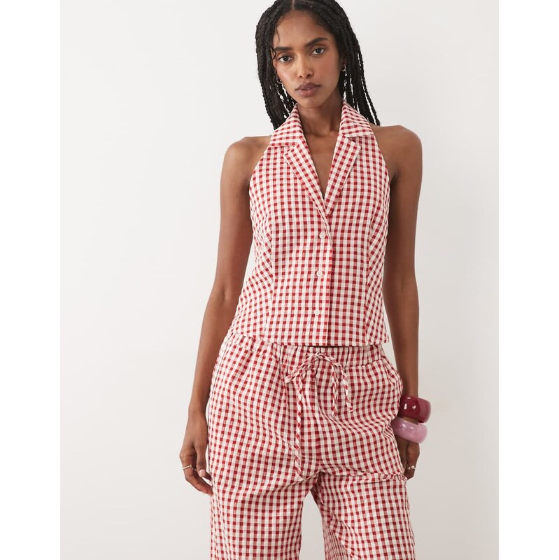 Miss Selfridge halter neck shirt co-ord in gingham-Multi