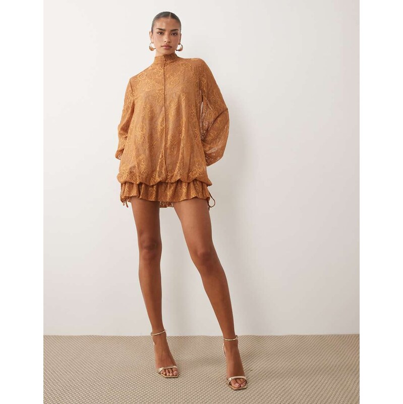 ASOS DESIGN lace mini dress with blouson sleeve and hem detail