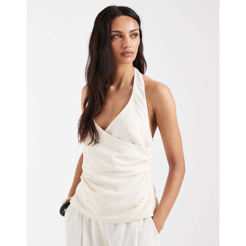 ASOS DESIGN drape halter top in ivory co-ord-White