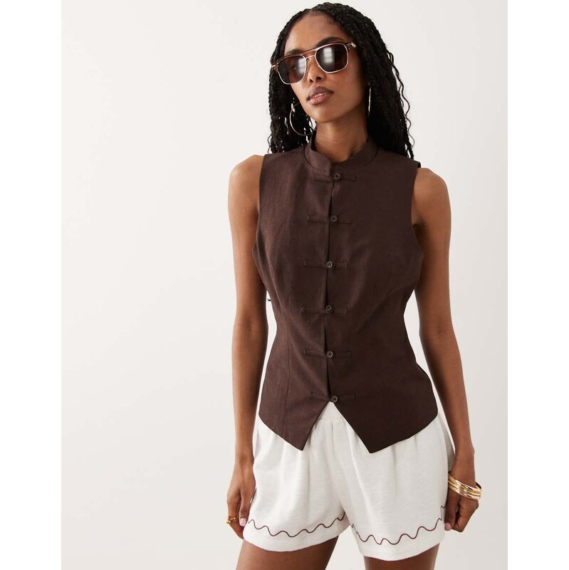 ASOS DESIGN linen blend mandarin collar tank top in chocolate