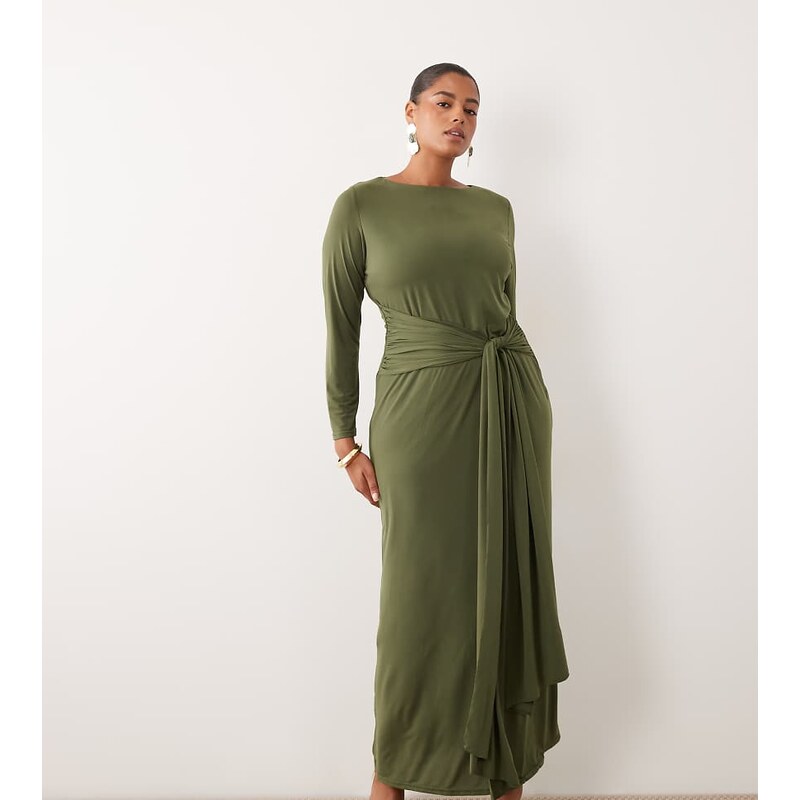TFNC Plus slinky slash neck drape front maxi dress in olive