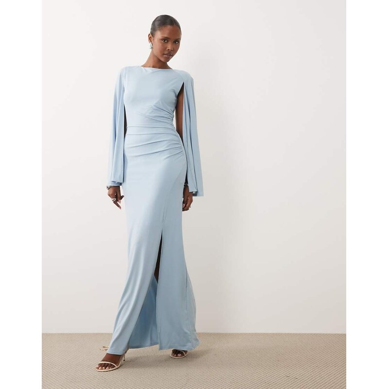 TFNC slinky cape sleeve ruched side maxi dress in light blue