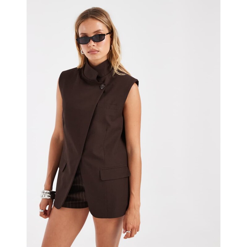 ASOS DESIGN wrap front sleeveless blazer in chocolate brown