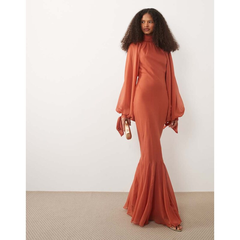 ASOS DESIGN high neck maxi dress with godet hem in rust-Orange