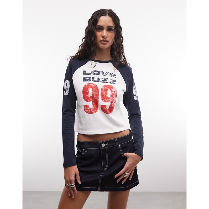 Abrand Jeans love buzz raglan long sleeve baby tee in white and