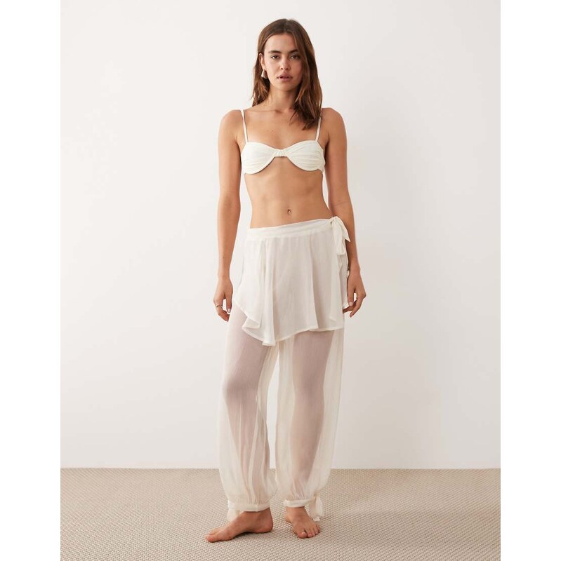 Miss Selfridge beach chiffon sarong over trouser in cream-White