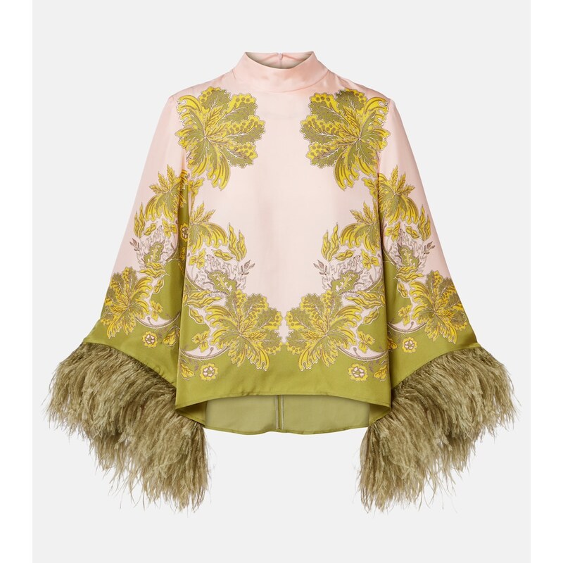 La DoubleJ Make An Exit feather-trimmed silk twill top