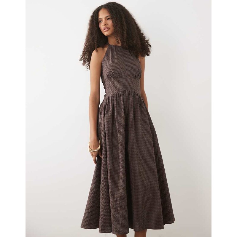 Mango cotton mix halterneck midi dress in brown gingham print